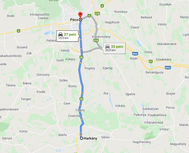 Pécs Harkány távolság térképe autóval