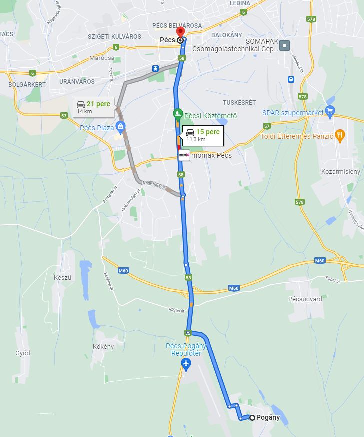 Pécs Pogány távolság térképe autóval