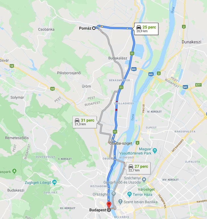 Pomáz Budapest távolság térképe autóval