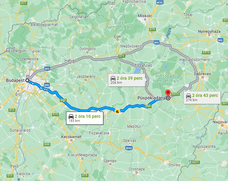 Püspökladány Budapest távolság térképe autóval