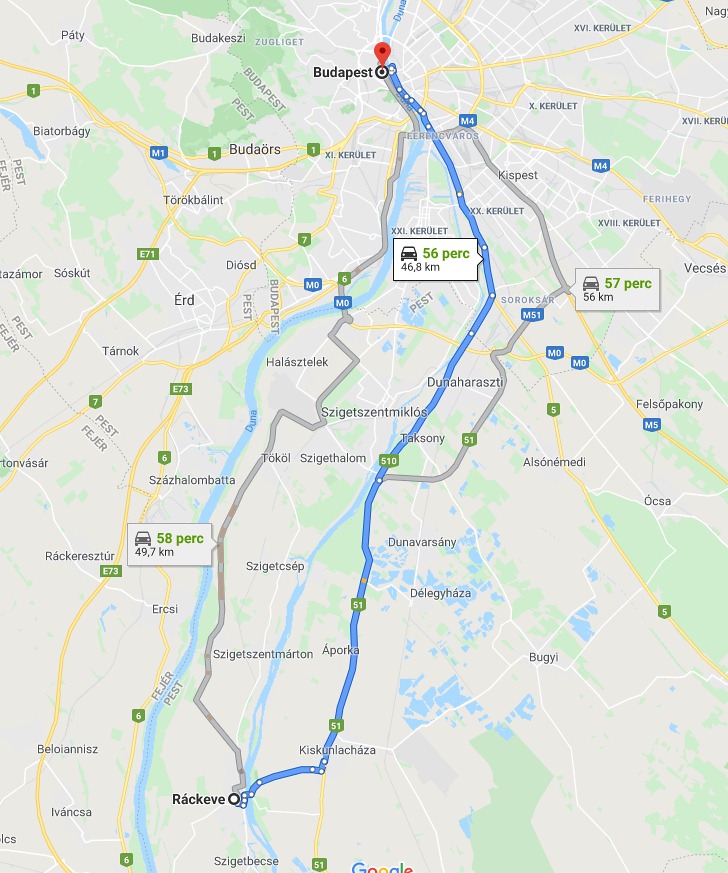 Ráckeve Budapest távolság térképe autóval