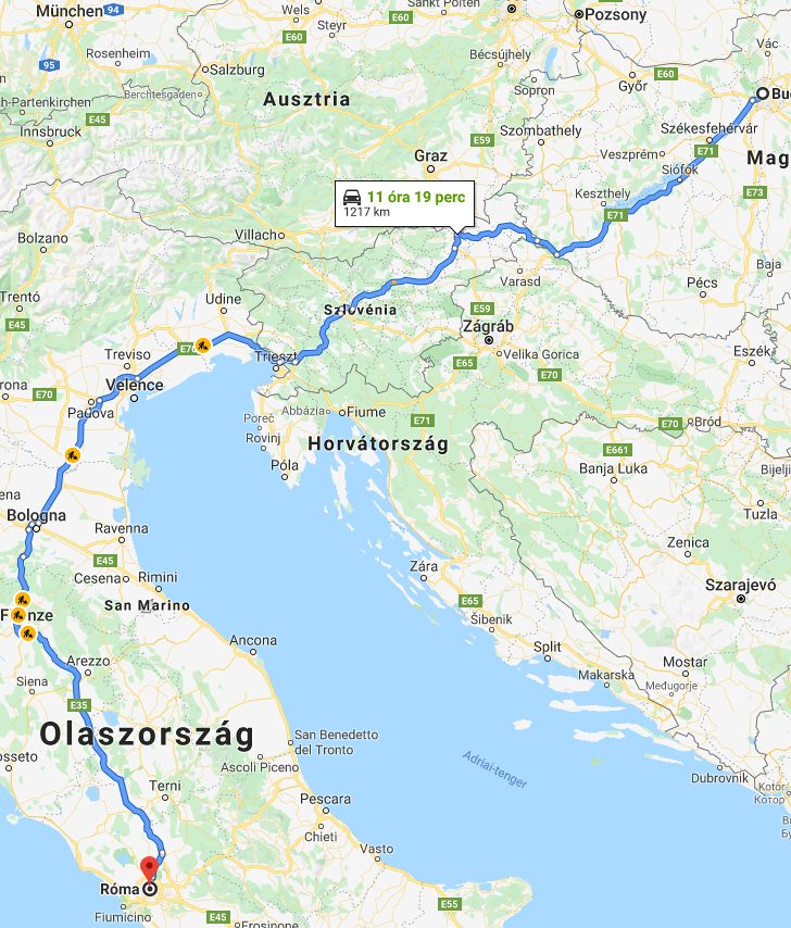 Róma Budapest távolság térképe autóval