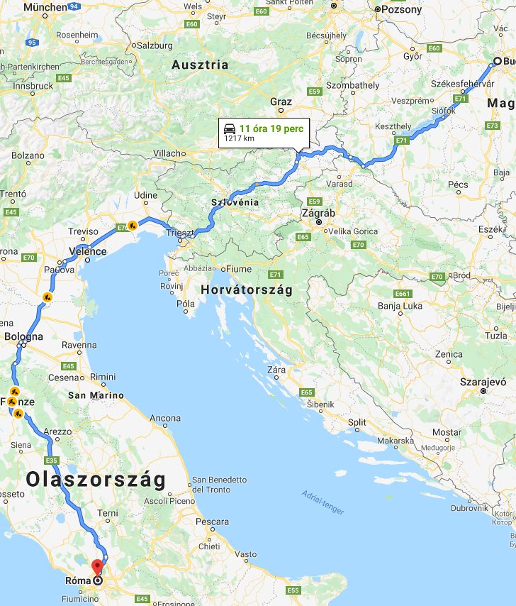Róma Budapest távolsága térképen autós úton