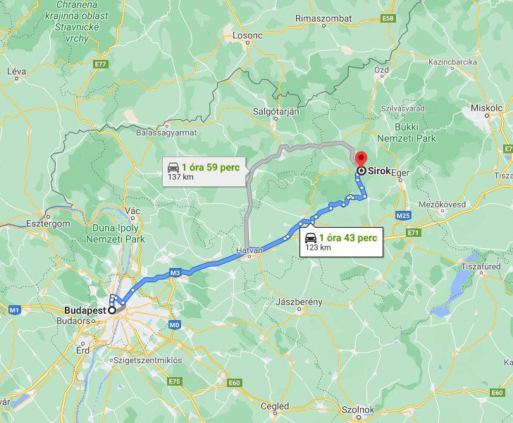 Sirok Budapest távolsága térképen autós úton