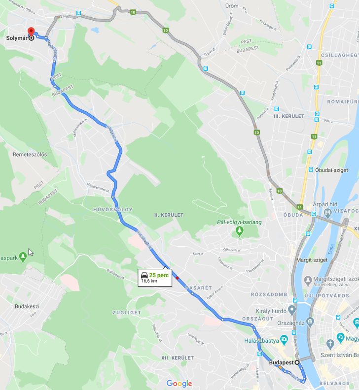 Solymár Budapest távolsága térképen autós úton