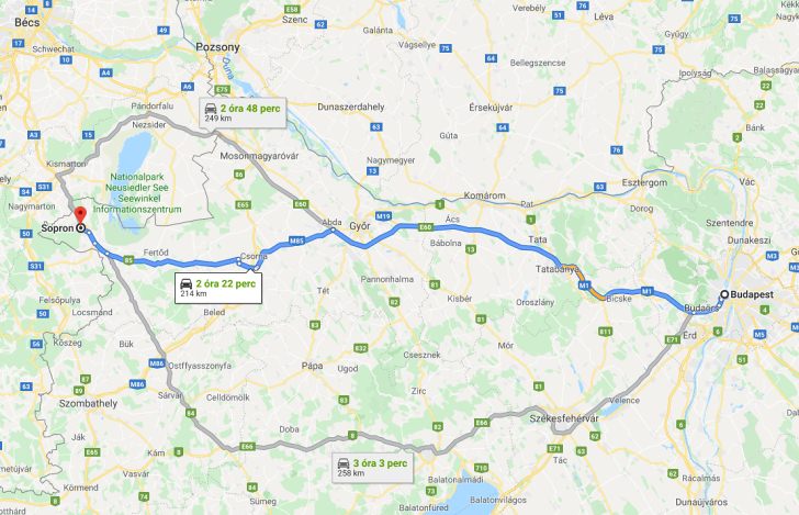 Sopron Budapest távolság térképe autóval