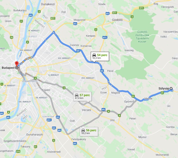 Sülysáp Budapest távolsága térképen autós úton