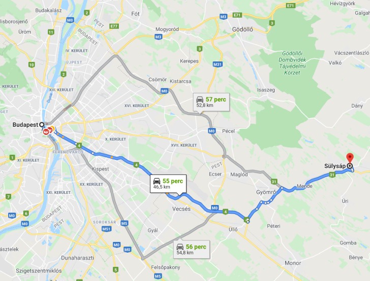 Sülysáp Budapest távolsága térképen autós úton