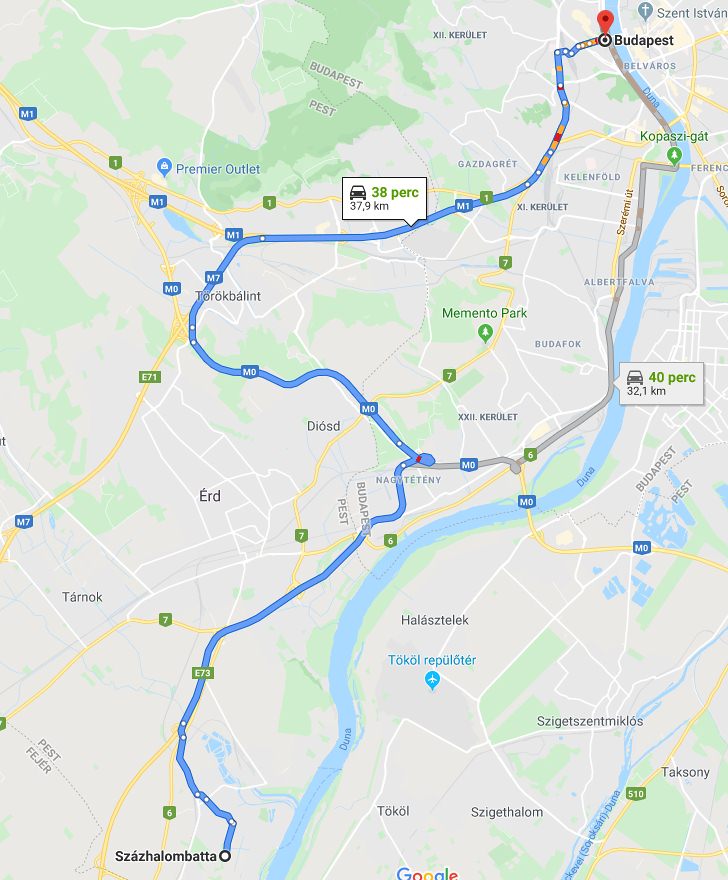 Százhalombatta Budapest távolsága térképen autós úton