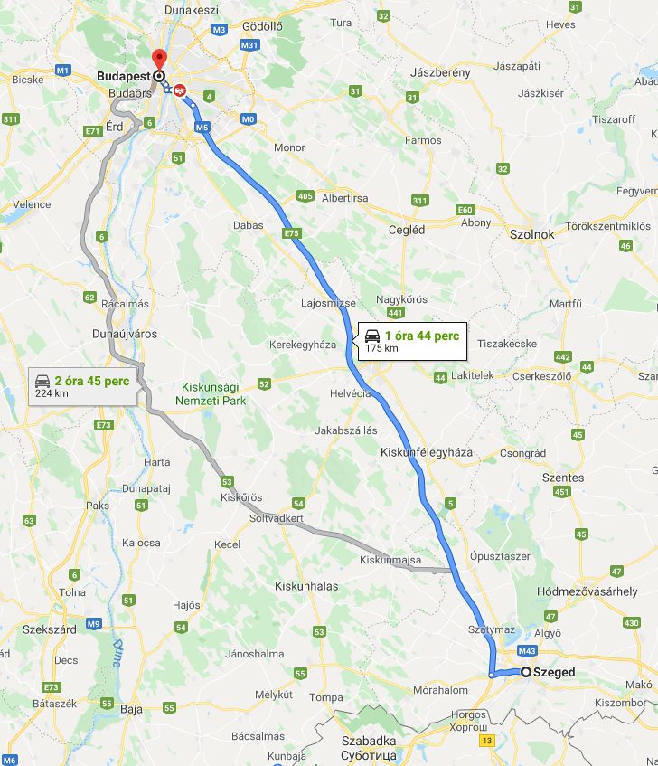 Szeged Budapest távolság térképe autóval