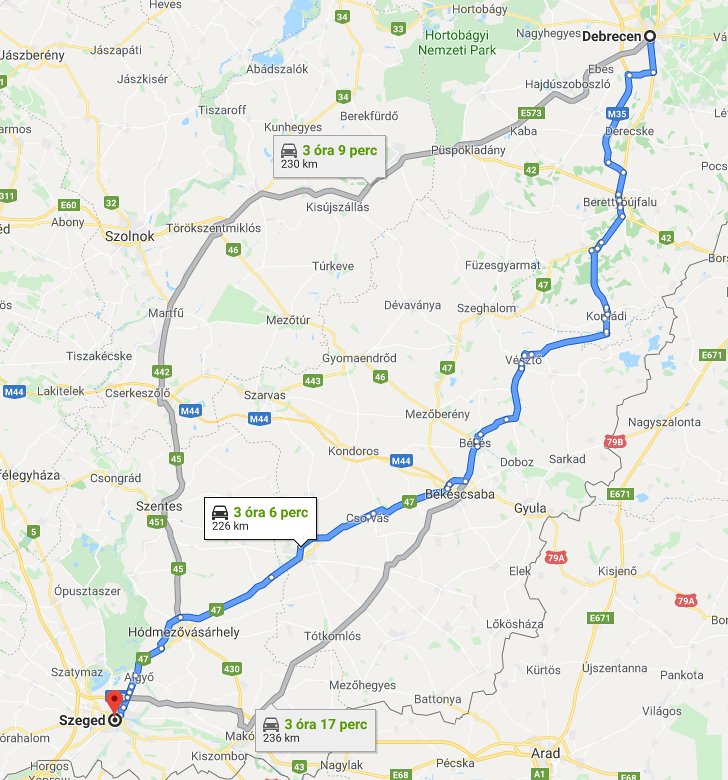 Szeged Debrecen távolság térképe autóval