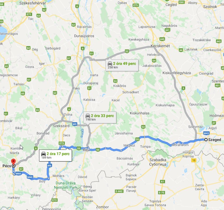 Pécs Szeged távolság térképe autóval
