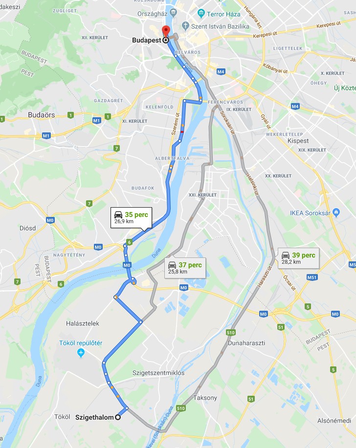 Szigethalom Budapest távolság térképe autóval