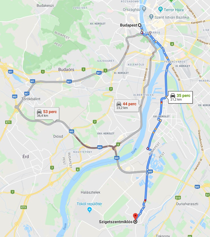 Szigetszentmiklós Budapest távolsága térképen autós úton