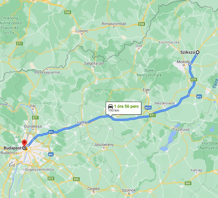 Szikszó Budapest távolság térképe autóval