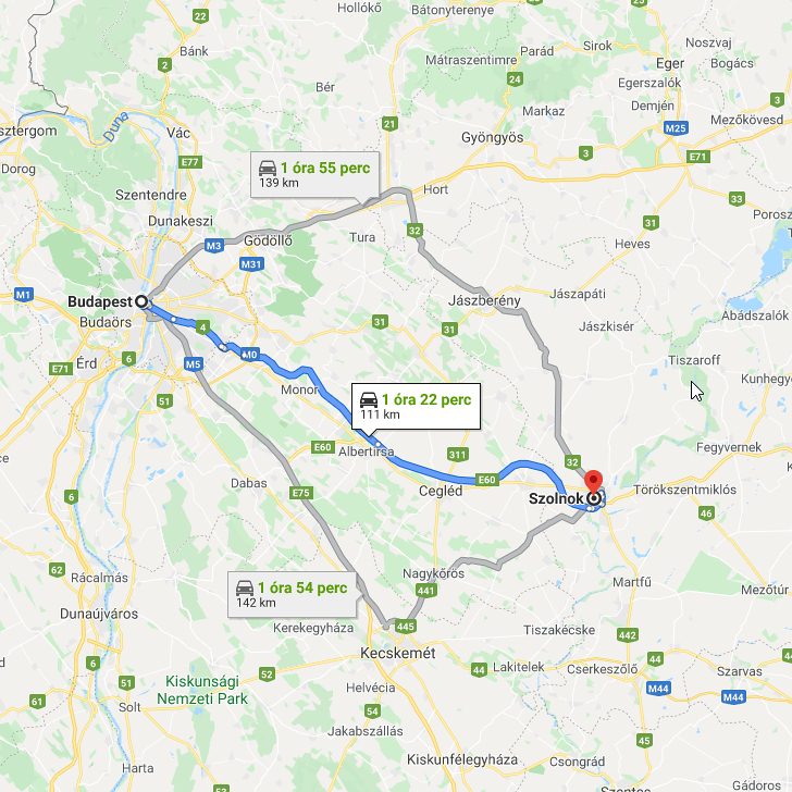 Szolnok Budapest távolsága térképen autós úton