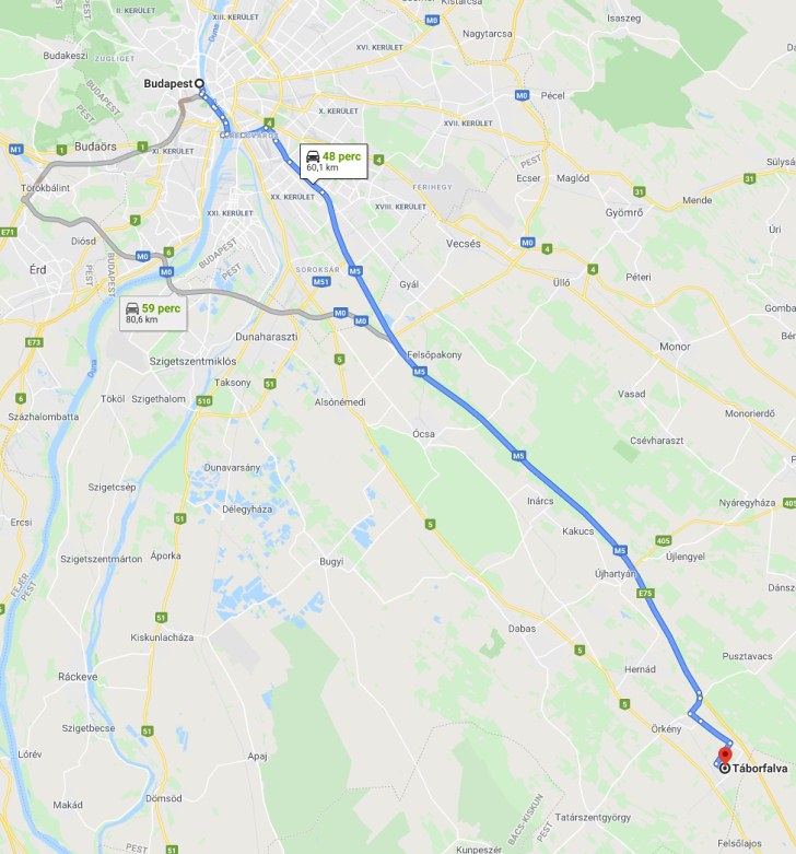 Táborfalva Budapest távolság térképe autóval