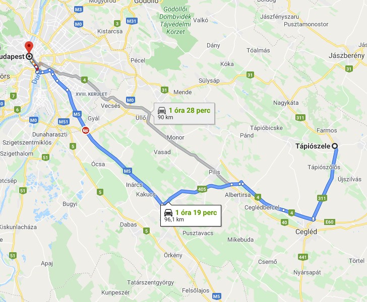 Tápiószele Budapest távolsága térképen autós úton