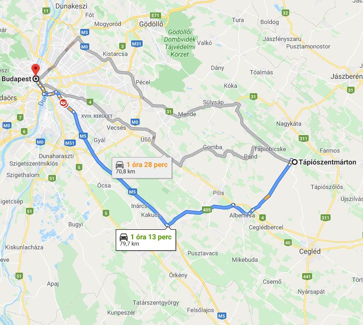 Tápiószentmárton Budapest távolsága térképen autós úton