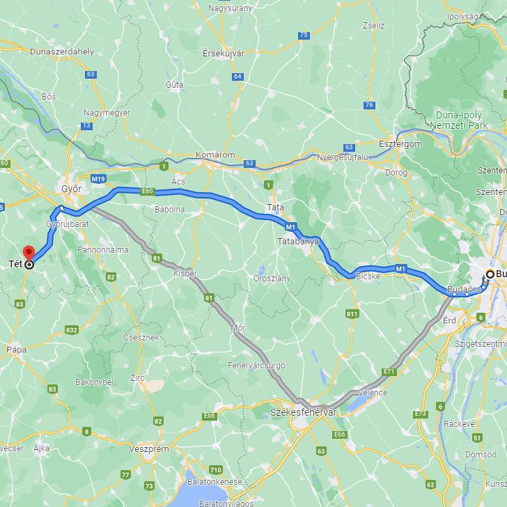 Tét Budapest távolsága térképen autós úton
