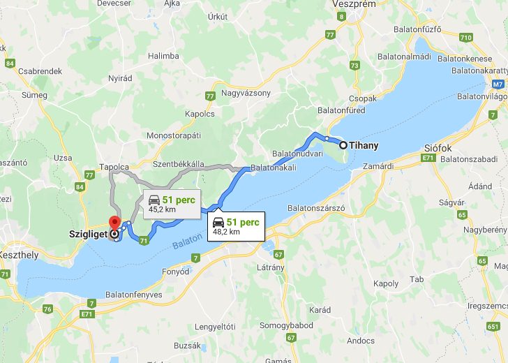 Tihany Szigliget távolság térképe autóval