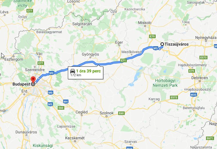 Tiszaújváros Budapest távolság térképe autóval
