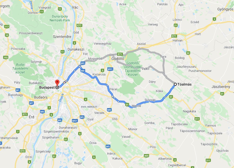 Tóalmás Budapest távolság térképe autóval