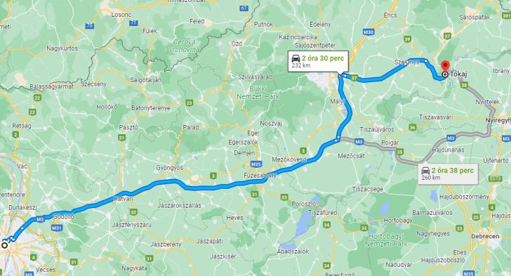 Tokaj Budapest távolság térképe autóval