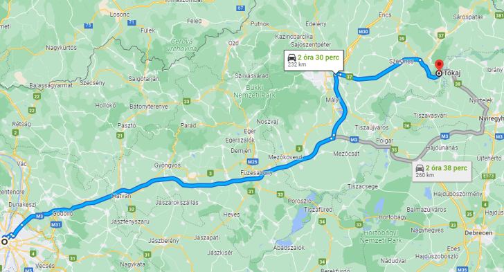 Tokaj Budapest távolsága térképen autós úton