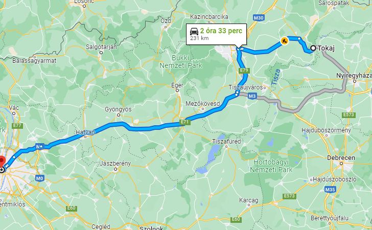 Tokaj Budapest távolsága térképen autós úton