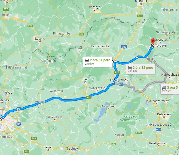Tolcsva Budapest távolsága térképen autós úton