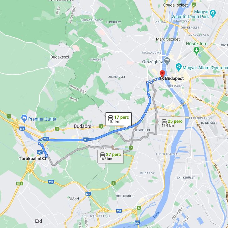 Törökbálint Budapest távolság térképe autóval