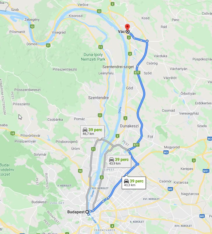Vác Budapest távolsága térképen autós úton