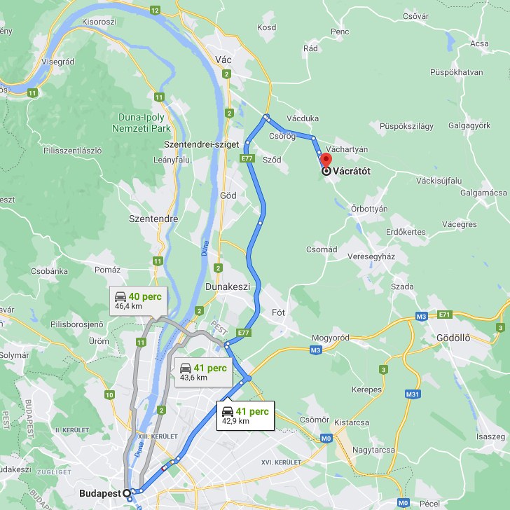 Vácrátót Budapest távolsága térképen autós úton