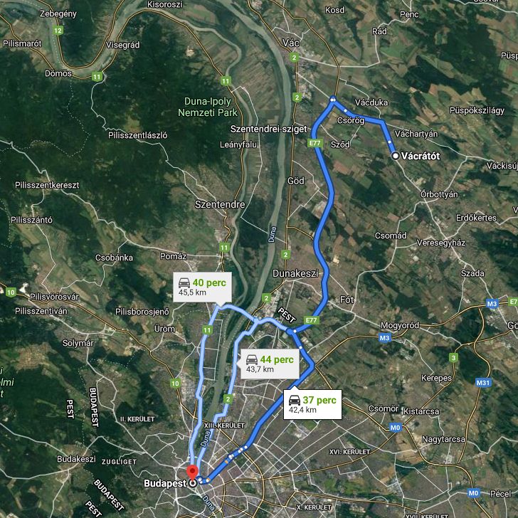 Vácrátót Budapest távolság térképe autóval