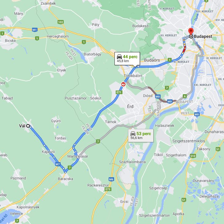 Vál Budapest távolsága térképen autós úton
