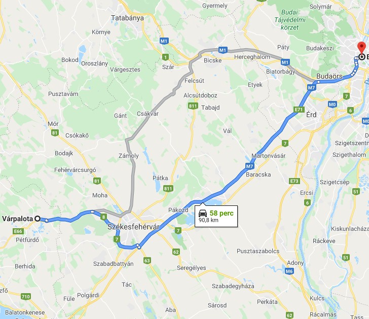 Várpalota Budapest távolság térképe autóval