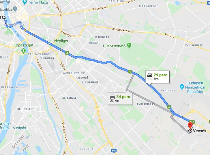 Vecsés Budapest távolsága térképen autós úton
