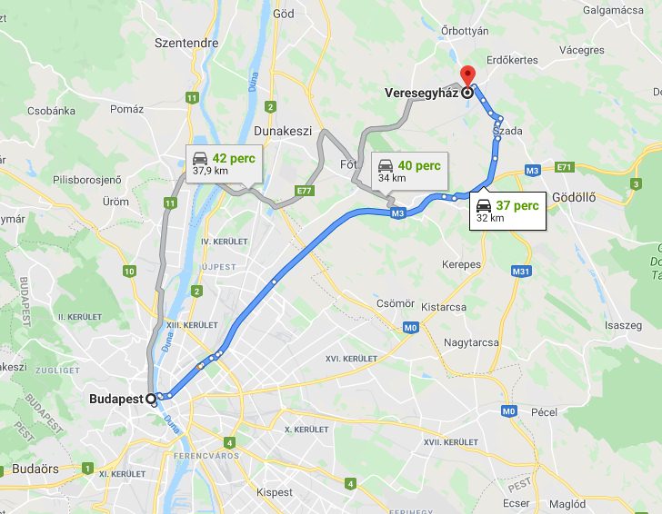 Veresegyház Budapest távolsága térképen autós úton