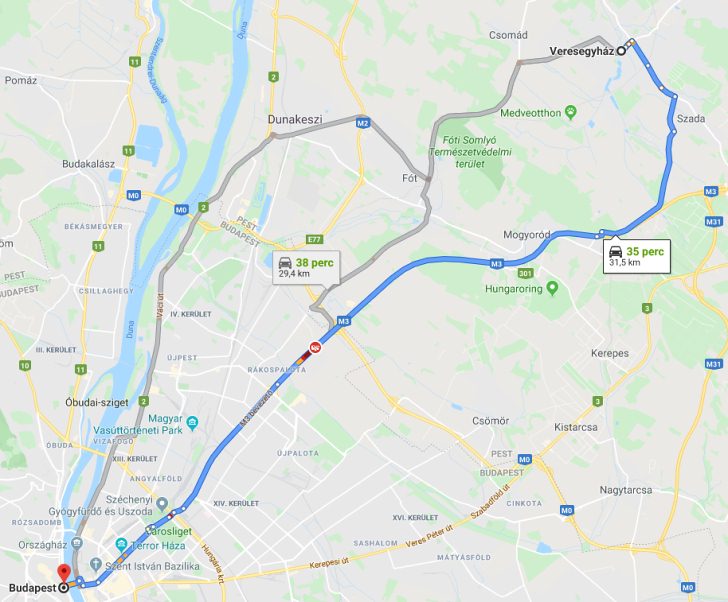 Veresegyház Budapest távolság térképe autóval