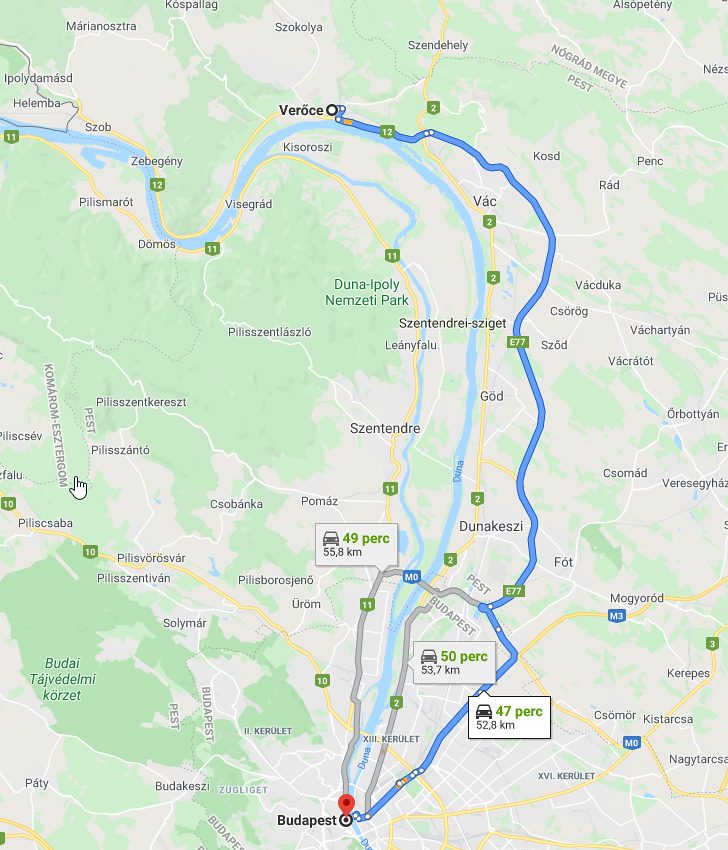 Verőce Budapest távolság térképe autóval
