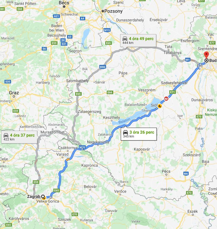 Zágráb Budapest távolság térképe autóval