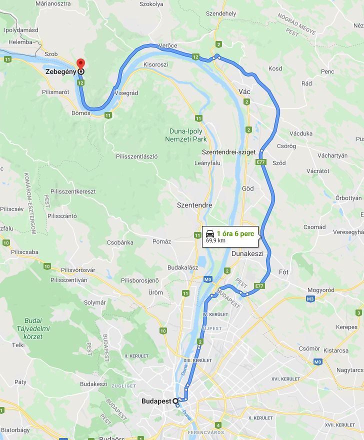 Zebegény Budapest távolság térképe autóval