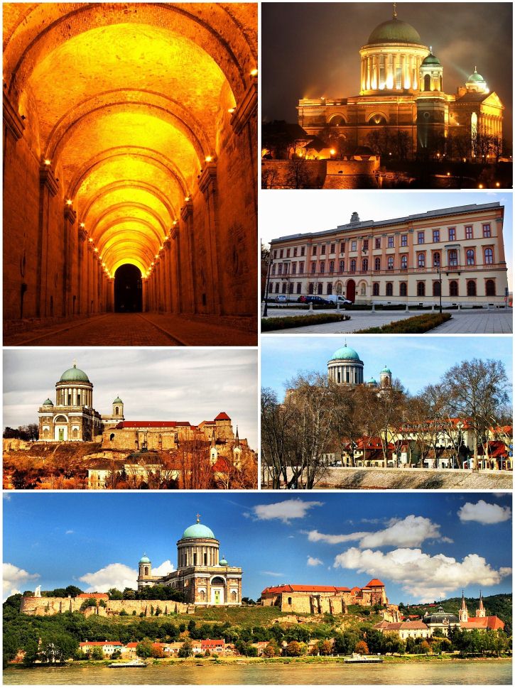 esztergomi Sötétkapu, a Bazilika, az Ószeminárium, a Kis-Duna sétány, és a Várhegy látképe Párkányból