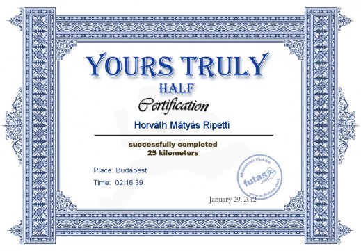 Yours Truly Hungary futás oklevél Horváth Mátyás Ripetti futónak