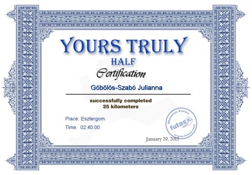 Yours Truly Hungary futás oklevél Göbölös-Szabó Julianna futónak