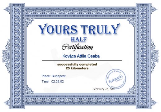 Yours Truly Hungary futás oklevél Kovács Attila Csaba futónak