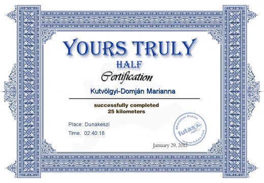 Yours Truly Hungary futás oklevél Kutvölgyi-Domján Marianna futónak