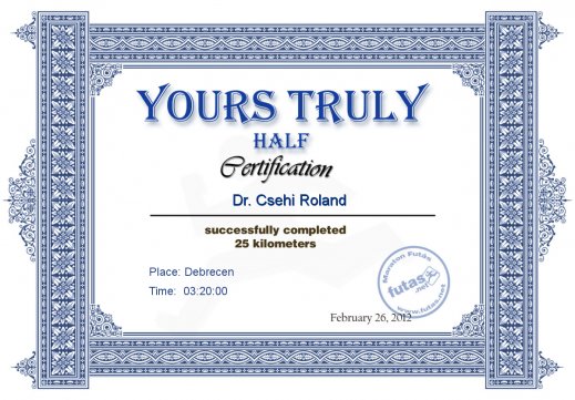 Yours Truly Hungary futás oklevél Dr. Csehi Roland futónak