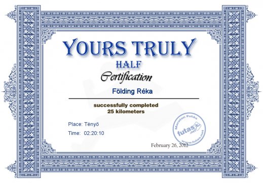 Yours Truly Hungary futás oklevél Földing Réka futónak